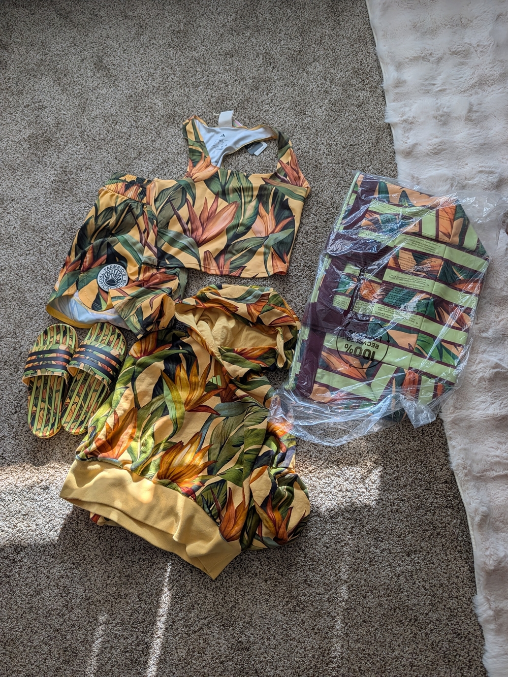 MOSTLY NEW - adidas x farm rio banana LOT - hoodie, tank, shorts, slides, bag